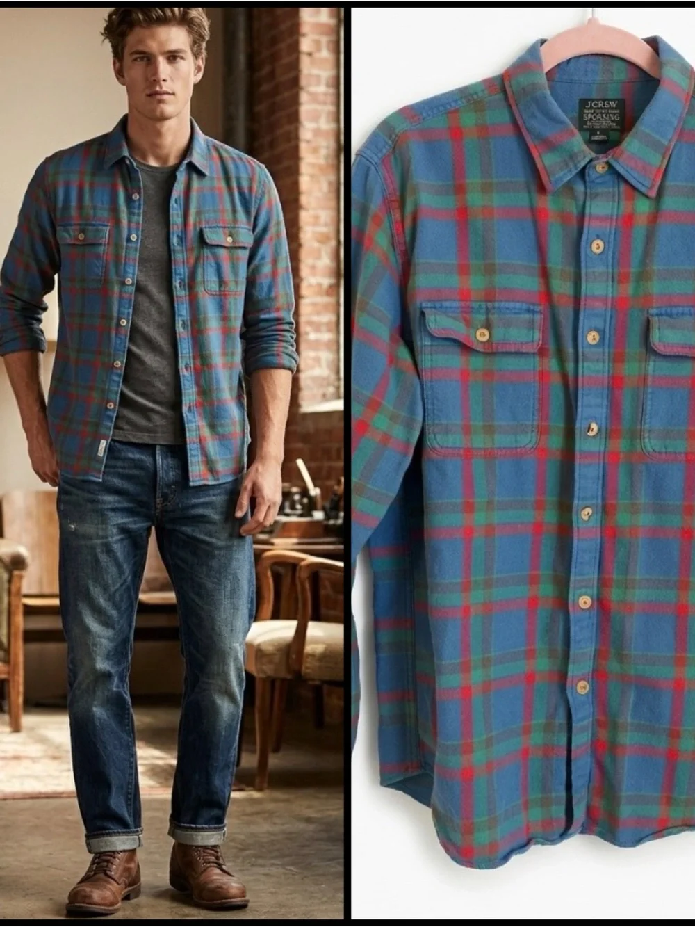J.Crew Retro Sporting Goods Trade & Co Plaid Button Down Fisherman Shirt L